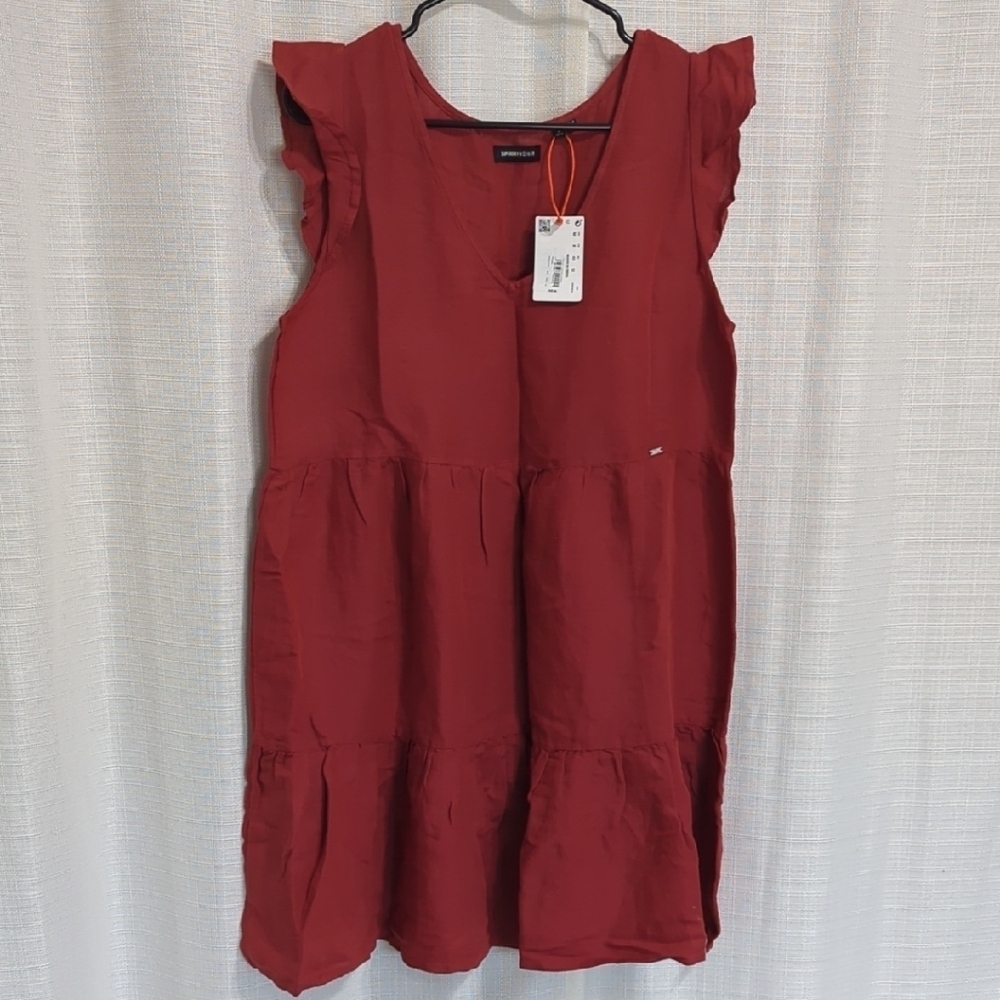 Superdry Red Midi Ruffle Dress 8 Linen Sleeveless Tiered Babydoll